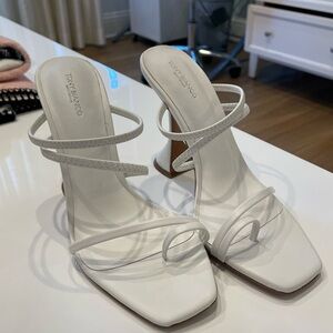 White Tony Bianco Amina Muaddi lookalike white heeled mules. Box also available